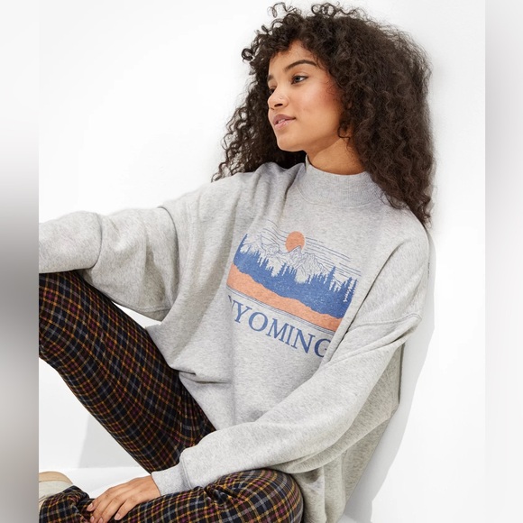 American Eagle Outfitters Sweaters - American Eagle Outfitters Graphic Mock Neck Sweater Gray Wyoming size Medium